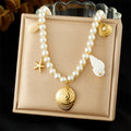 Vintage Summer Beach Imitation Pearl Gold-Plated Heart-Shaped Flower Shell Starfish Necklace